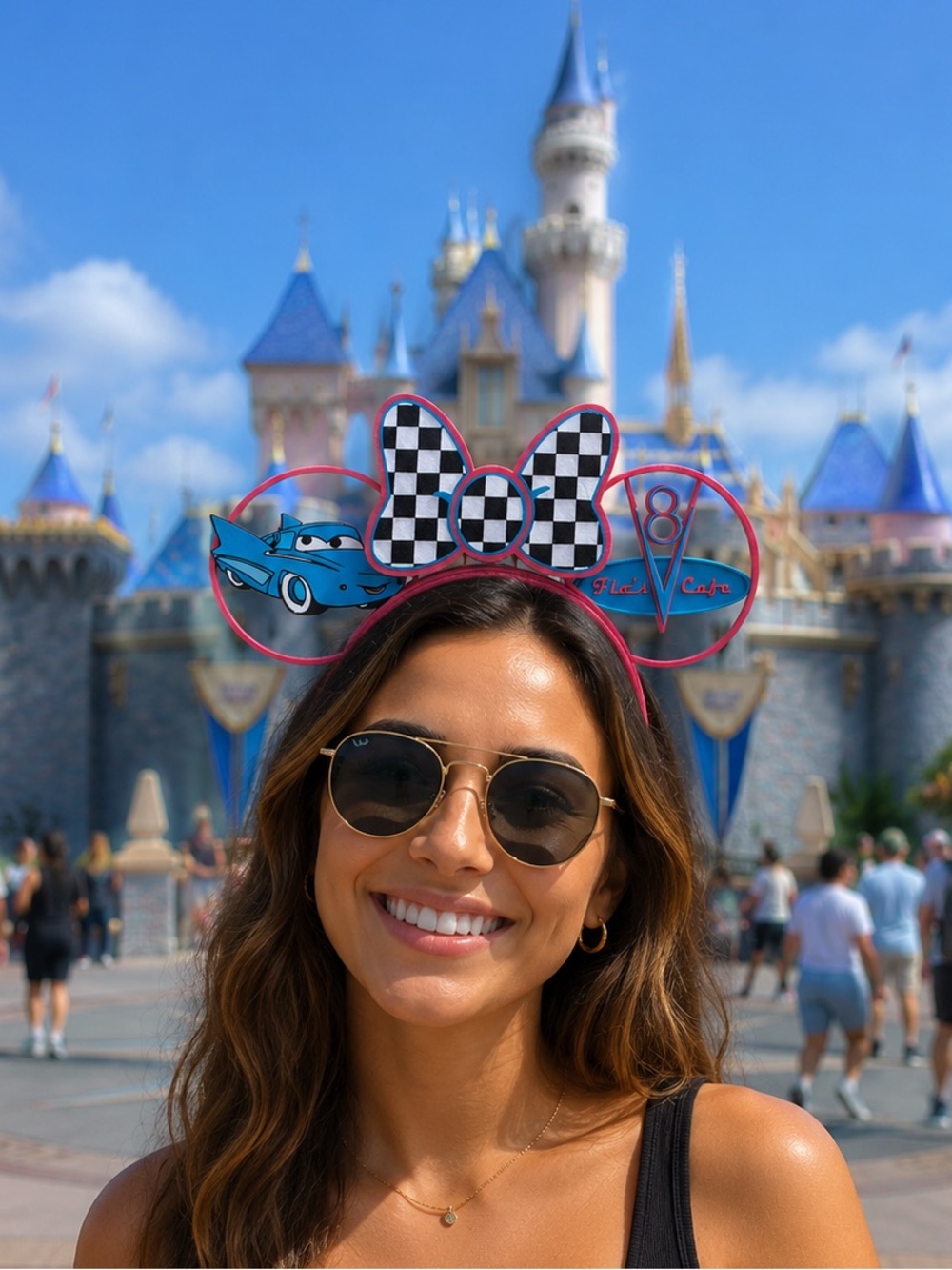 Pink Checkered 3-D Flos Minnie Ears Headband Handcrafted - Picture 2 of 6
